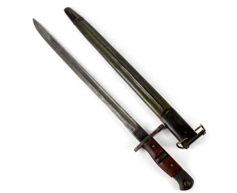 A WWI Remington 1913 pattern bayonet, date marked 4-17, with green leather scabbard.