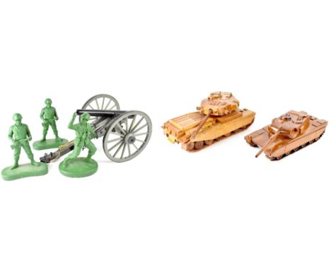 A scale model of an 1861 field artillery cannon, length of barrel 31cm, two highly varnished scratch-built ornamental tanks w