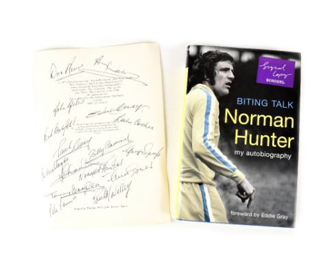 LEEDS UNITED; a signed book page with autographs of Don Revie, Billy Bremner, John Giles, Allan Clarke, Eddie Gray, Jack Char