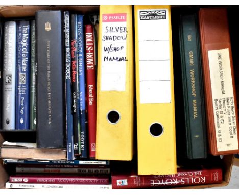 Two boxes of books and guides relating to Rolls-Royce to include 'The Magic of the Name Collection' by Peter Pugh, 'Rolls-Roy