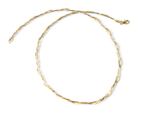 A modern 9ct gold bi-colour necklace, two strands of small yellow gold beads entwined around a single strand of white gold be