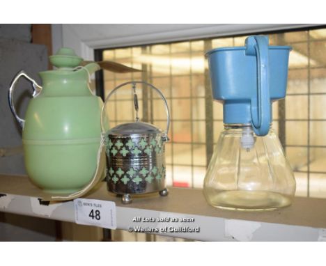 *SHELF CONTAINING BAKELIKE THERMOS, 1950S PRESERVES POT AND ONE OTHER ITEM