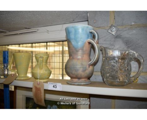 *SHELF OF GLASSWARE, PORCELAIN WARE INCLUDING FOUR JUGS