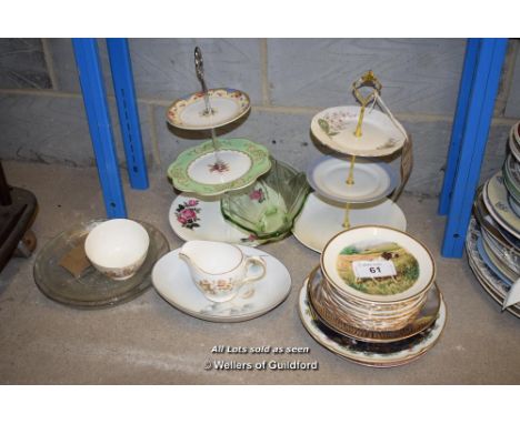 *SHELF OF PORCELAIN WARE AND COLLECTABLES INCUDING TWO CAKE STANDS