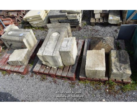 *PAIR OF STONE GATE POSTS OVER THREE PALLETS