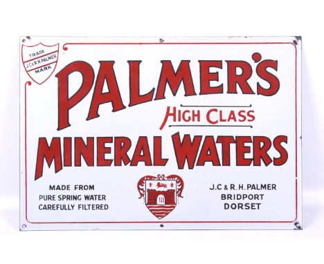 A vintage Palmers enamel advertising sign. 'Palmer's High Class Mineral Water' written in red over a company crest and detail