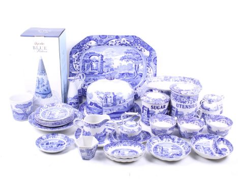 A collection of Copeland Spode and Spode blue Italian ceramics. Including meat plate, casserole pot, cheese dome, utensils ja