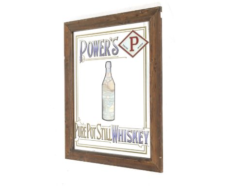 A vintage advertising mirror. Promoting 'Power's Pure Pot Still Whiskey', featuring an image of a bottle to the centre, in a 