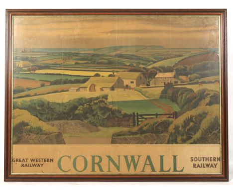 A vintage railway advertising poster. Promoting ventures to Cornwall by GWR and Southern Railway, featuring a landscape by Ad