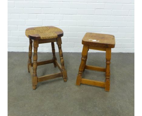 An oak stool with rush seat and a vintage pine stool,  33 x 49cm. (2) 