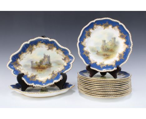 Royal Worcester dessert service, each item handpainted by John Stinton Junior with castle and cattle scenes, titled views to 