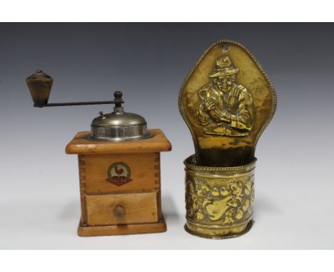A vintage August Lehnartz coffee grinder and a brass wall pocket (2) 