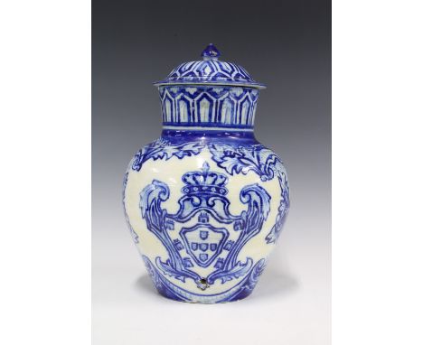 Blue and white pottery jar and cover, drilled for use as a lamp , base signed S. Alem, 30cm high (a/f) 