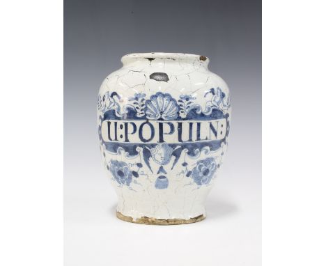 Early 18th Delft dry jug jar, probably English, inscribed U: POPULN: painted in blue with angels and flowers flanking a centr