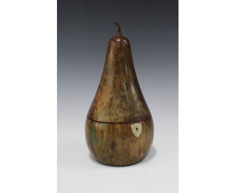 A large fruitwood pear shaped caddy with faux ivory escutcheon, 31cm. 
