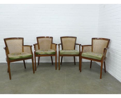 Set of four mahogany armchairs with canework sides and back,  tapestry cushion seats, 60 x 74 x 45cm. (4) 