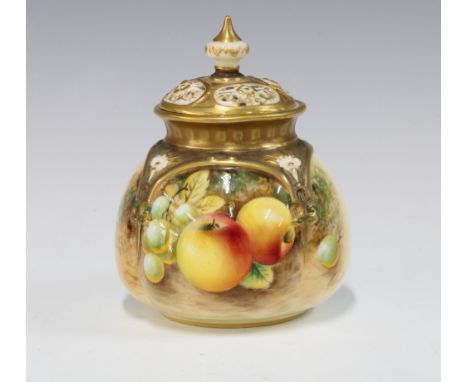 Royal Worcester pot pourri jar and cover, handpainted with fruit and signed Roberts, 12 x 9cm.