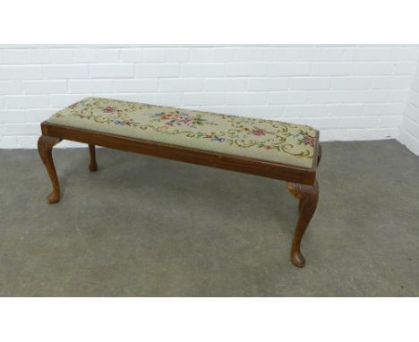 Mahogany long stool with drop in tapestry seat, standing on shell carved cabriole legs, 104 x 38 x 33cm. 