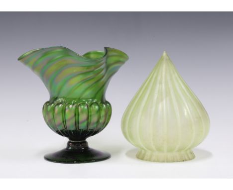 An early 20th century  iridescent green glass vase together with a small glass shade (2) 15 x 16cm. 