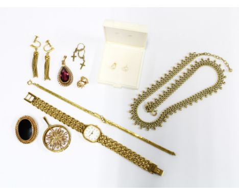 A collection of gold plated costume jewellery and a pair of pearl stud earrings (a lot) 
