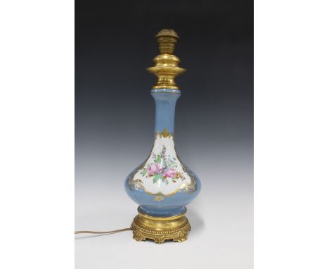 French porcelain table lamp base, pale blue ground with decorated with floral sprays, with gilt metal mounts, approx. 50cm hi