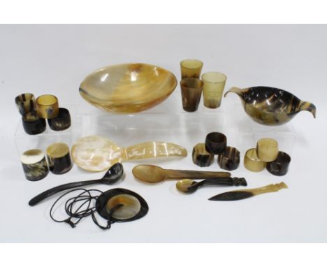 Collection of vintage horn items, including Edinburgh 1886 Exhibition beaker, two bowls, napkin rings, spoons, a pendant etc 