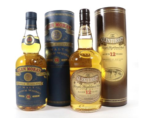Glenmoray 12 Years Old Single Highland Malt Scotch Whisky, 40% vol 70cl, in original cardboard tube (one bottle), Glenturret 