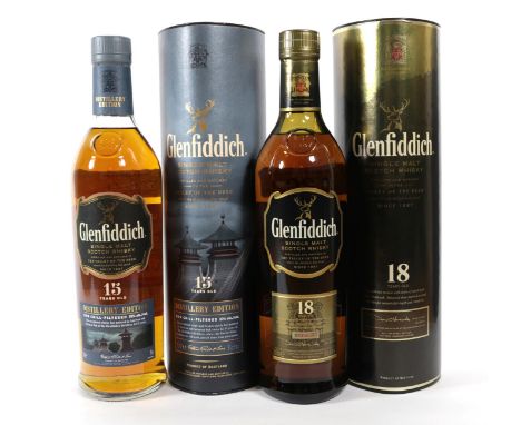 Glenfiddich 18 Years Old Single Malt Scotch Whisky, 70cl 40% vol, in original cardboard tube (one bottle), Glenfiddich 15 Yea