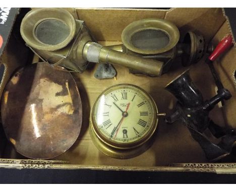 A mixed lot to include a brass cased 8 day clock with mechanical movement Smyths of Enfield, a copper warming pan, a cast iro
