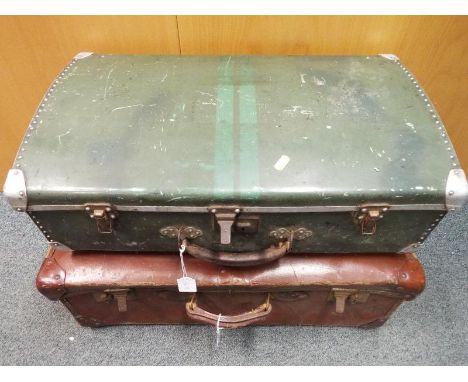 Two vintage suitcases, one all metal suitcase with P&O luggage labels attached and a further brown suitcase (2)