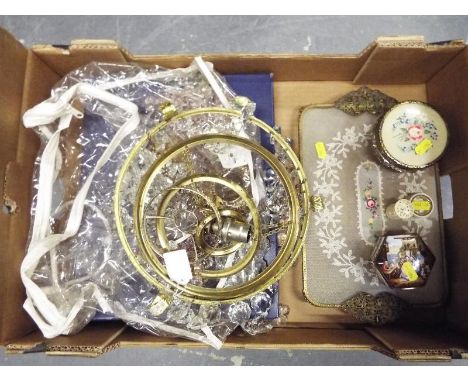 A good mixed lot to include a Coalport cake plate with cake slice, boxed, an embroidered dressing table set, two small trinke