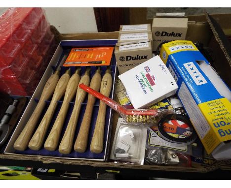 A quantity of DIY tools and similar to include a boxed set of included Marples chisels, unused, a micrometre by Moore & Wrigh