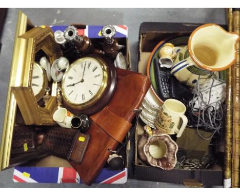 Two boxes containing a mixed lot to include ceramic wash set, West German water jug, musical stein, wall clock, candlestick, 