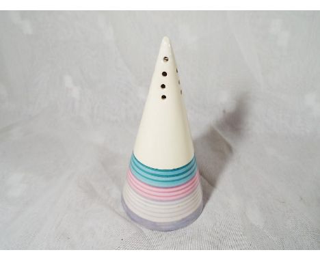 A Clarice Cliff conical sugar shaker with striped painted decoration, 14 cm (high) - Est £80 - £120