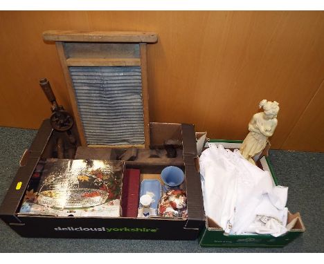 Two boxes containing a mixed lot to include wash board, vintage tools, Wedgwood Jasper Ware, a figurine depicting a lady set 