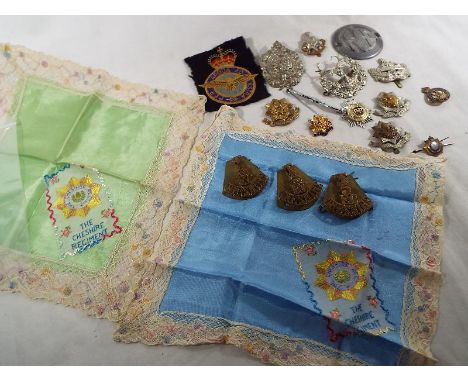 A collection of regimental cap badges to include Cheshire (various), Gloucestershire, Royal Sussex, Argyll & Sutherland, Byda