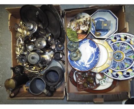 Two boxes containing a good mixed lot of plated ware, pewter ware, brass ware and a collection of ceramic plates to include R