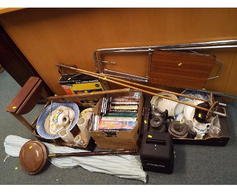 A large good mixed lot to include copper bed pan, projection screen, ceramic ware including Poole pottery and Royal Doulton, 