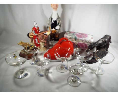 A mixed lot of collectables to include seven vintage Babysham glasses, novelty tea pots, a bronzed sculpture depicting a grey