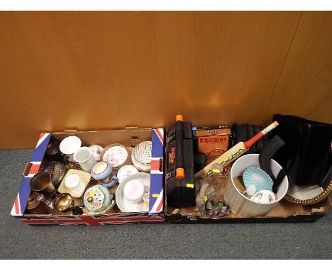 Two boxes containing a good mixed lot ceramic ware to include pin dishes, trinkets dishes, vases, a small quantity of metal w