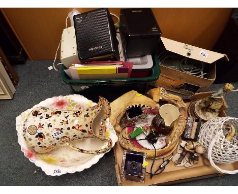 A good mixed lot to include ceramic wash basin and jug, computer speakers, a Hoover Dustette, boxed Capodimonte ceramic figur