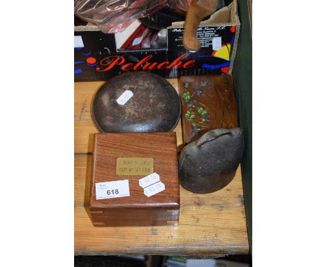 VINTAGE COW BELL, CASED MAGNIFYING GLASS, AND A CIRCULAR WEIGHT (4)