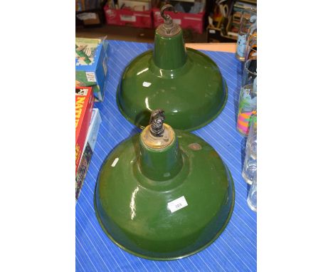 PAIR OF GREEN ENAMELLED METAL PENDANT STYLE LIGHT FITTINGS