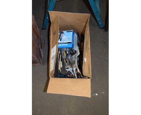 BOX OF MIXED TOOLS TO INCLUDE CLAMPS, FILES, SET SQUARES ETC