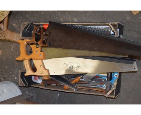 BOX CONTAINING LARGE QUANTITY OF TOOLS TO INCLUDE SAWS, FILES ETC