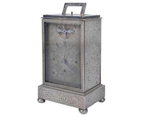 An 18th/19th century silvered repeater carriage clock/alarm: 
engraved silver-plated case with floral design on bun feet. Rec