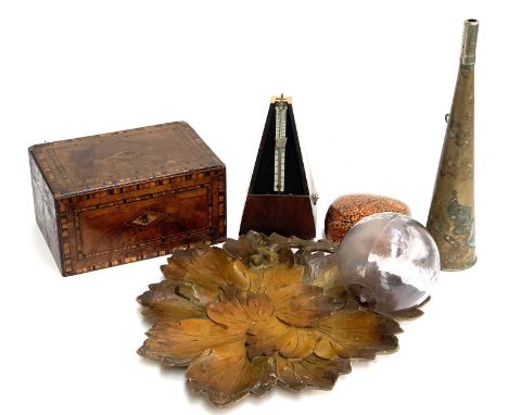 A mixed lot to include walnut and parquetry box (af), 25cmW; metronome (af); Indian papier mache box; glass float etc 
