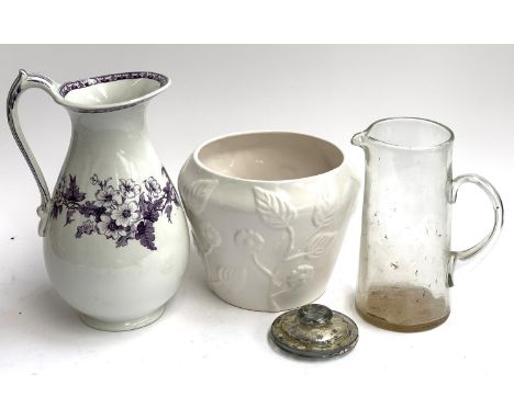 An Osbourne transferware wash jug, 29cmH; ceramic planter and a glass water jug (3) 