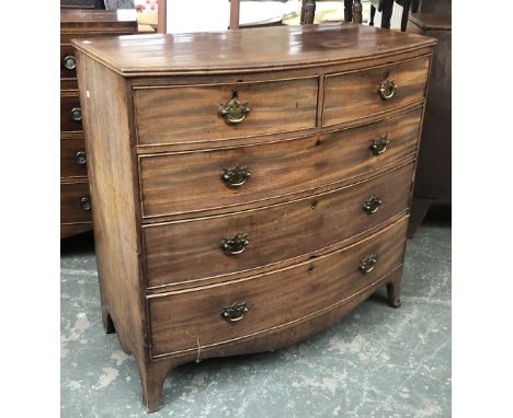 A 19th century mahogany bowfront chest of two short over three long drawers, shaped apron and swept bracket feet, 106x53x105c