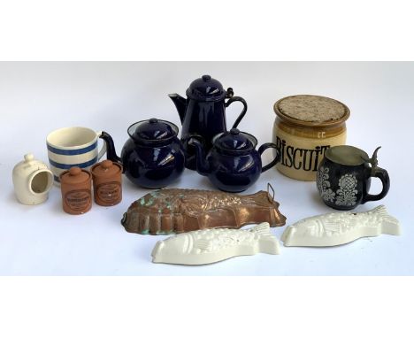 A mixed lot to include Polish enamel coffee and teapots, stoneware biscuit barrel, copper mould, Suffolk canisters, etc 